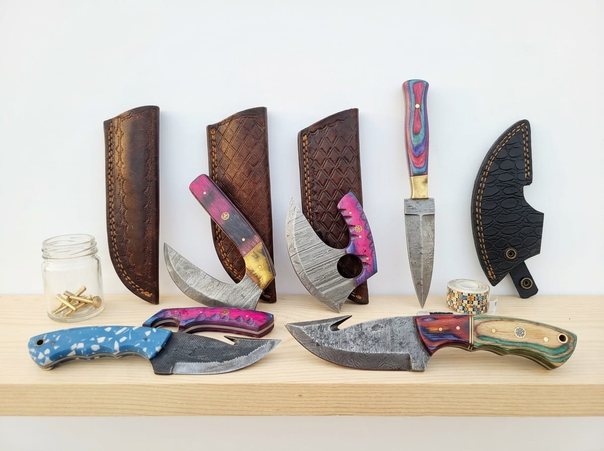 (56) Damascus Pattern Hunting & Folding Knives w/ Leather Sheaths | Free Shipping!, primary view